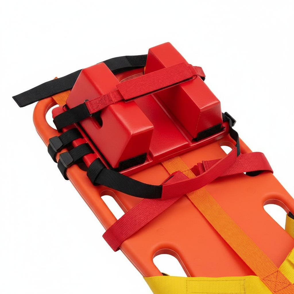 Tabla espinal flotante GERF SAFETY naranja con inmovilizador de cabeza rojo y correas de sujeción para rescate