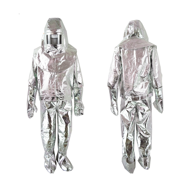 Traje de proximidad al fuego GERF SAFETY aluminizado color plata con casco integrado para alta temperatura hasta 500C
