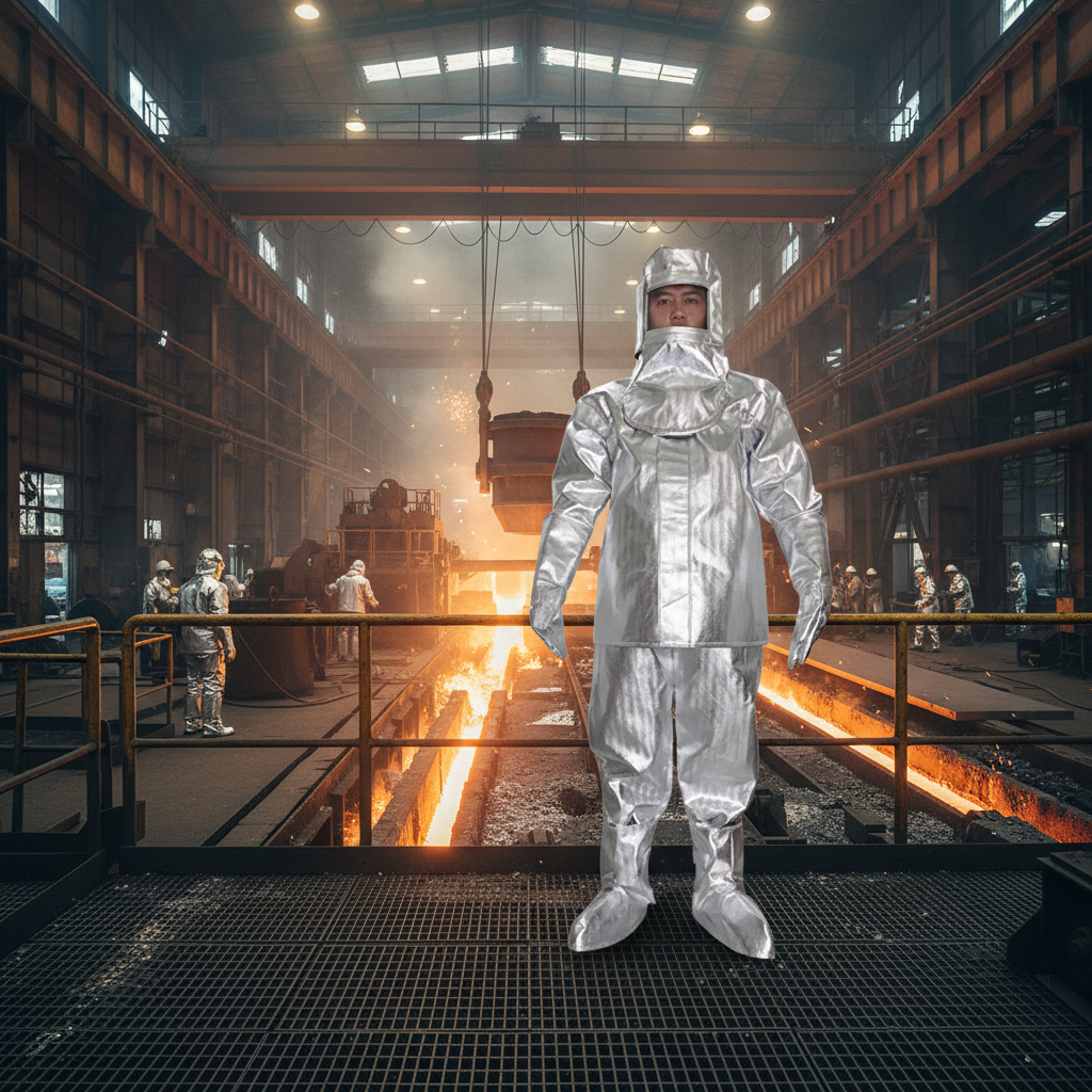 Bombero con traje aluminizado GERF SAFETY de proximidad al fuego en una fundición industrial de alta temperatura.