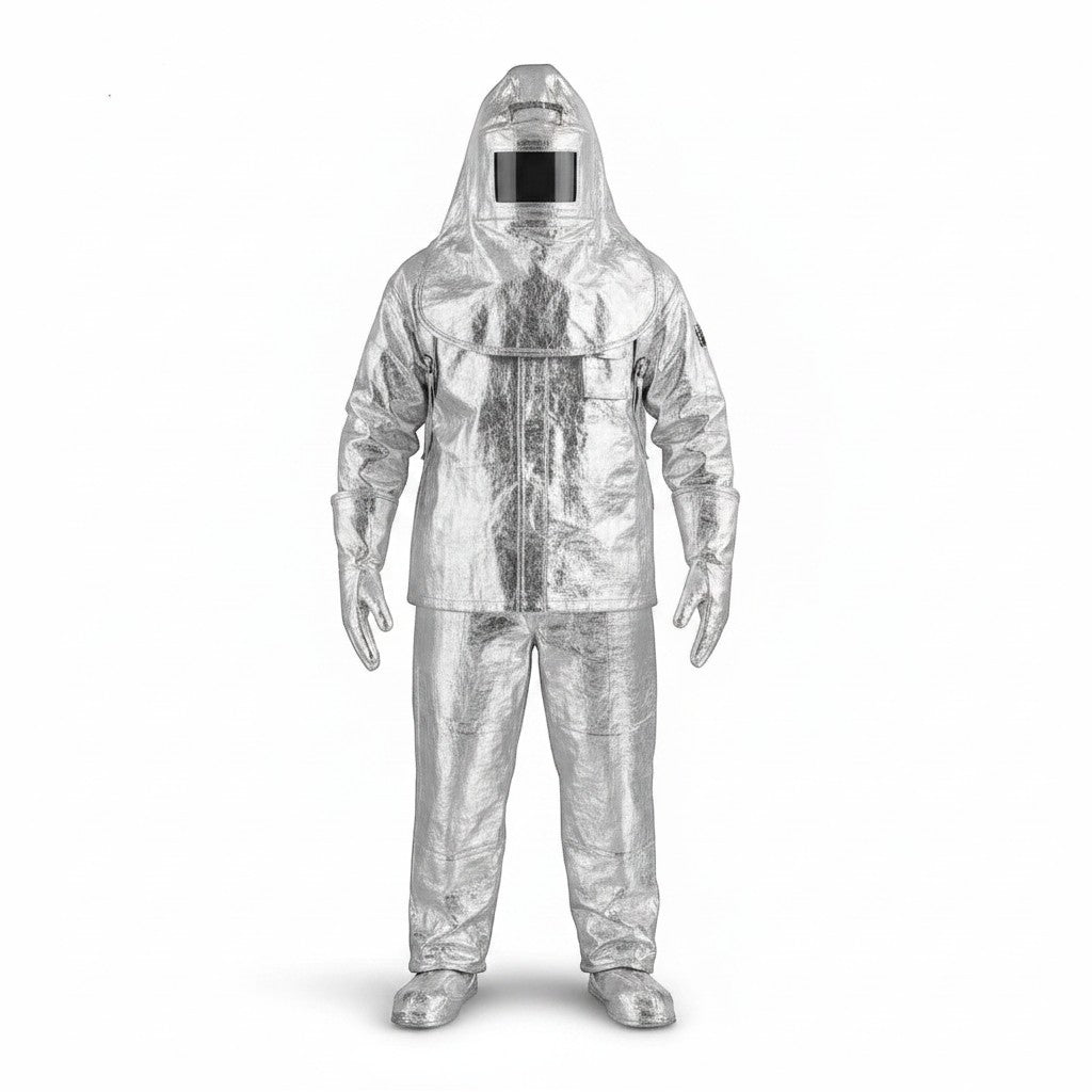 Traje de proximidad al fuego GERF SAFETY aluminizado, resistente a 1000°C con certificación CE EN1486, color plata.