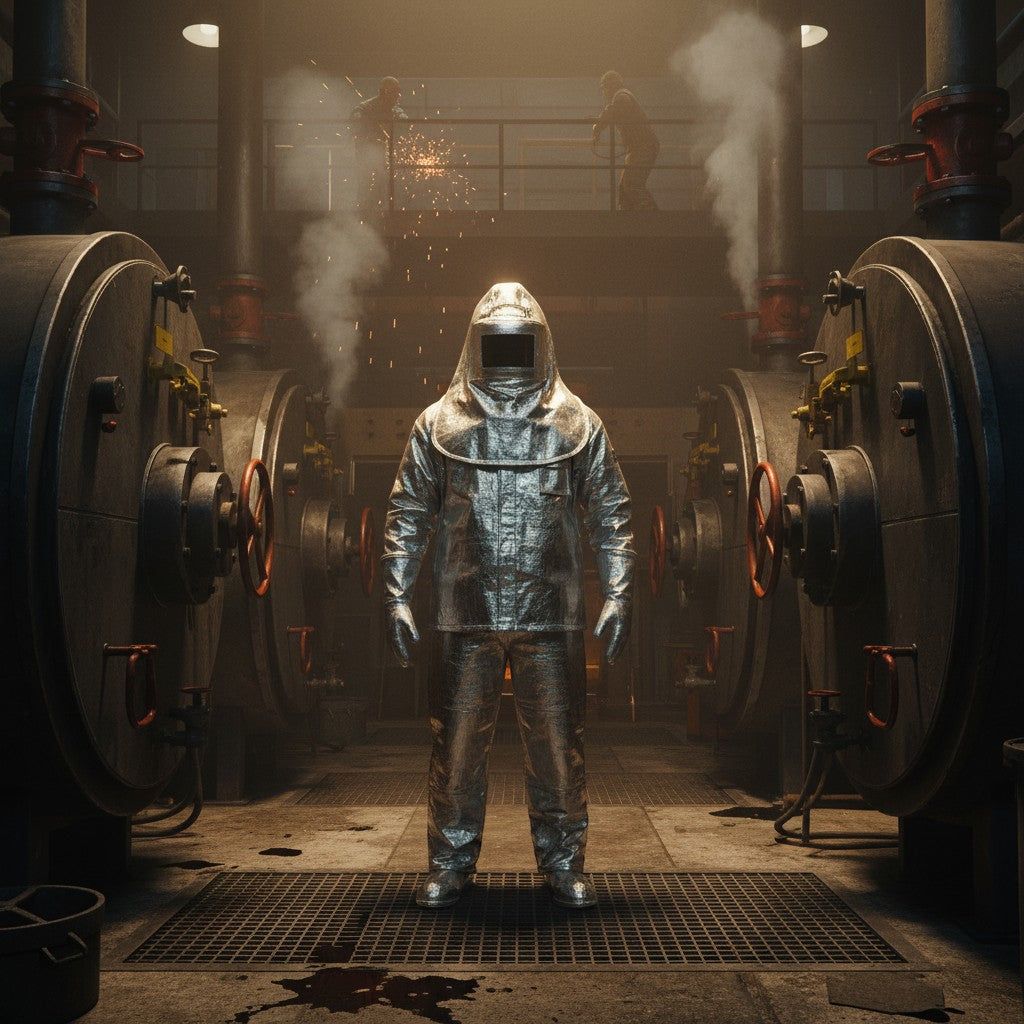 Traje de proximidad al fuego GERF SAFETY aluminizado para protección térmica extrema en entornos industriales de calor.