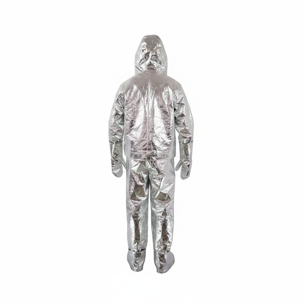 Traje de proximidad al fuego GERF SAFETY aluminizado color plata con barrera térmica de aramida, vista trasera.