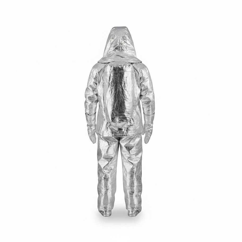 Traje de proximidad al fuego GERF SAFETY aluminizado con mochila SCBA integrada, vista trasera, color plata.