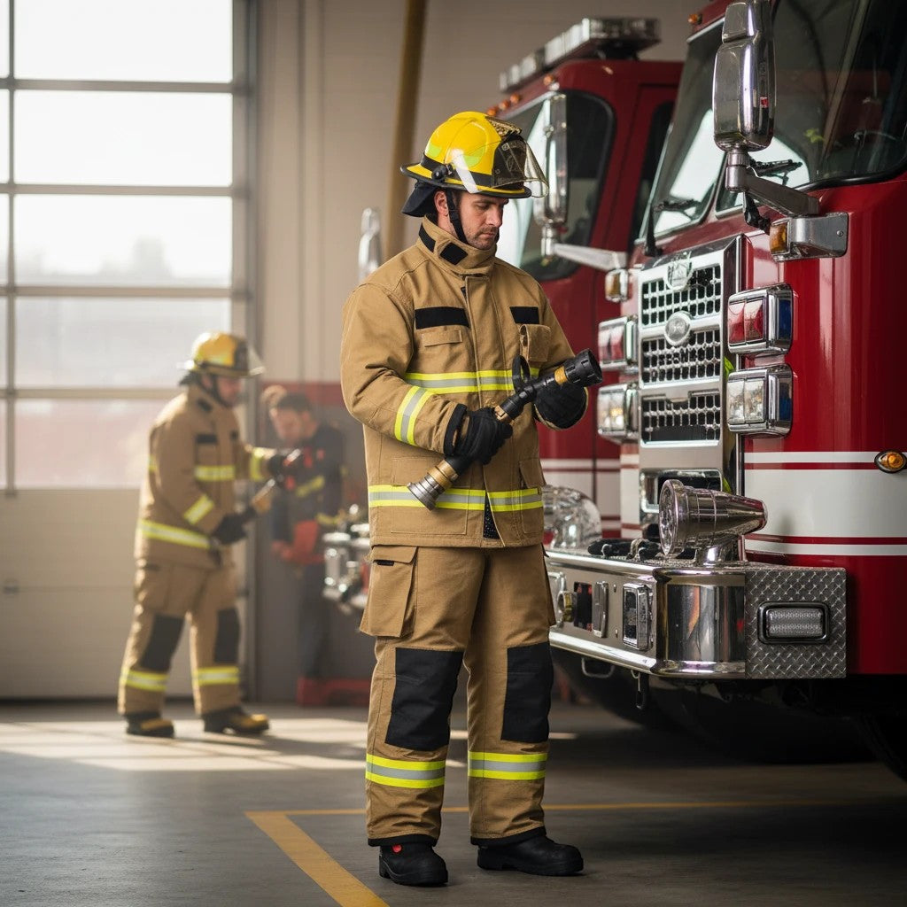Bombero con traje GERF SAFETY Shield Fire color acacia, casco amarillo y equipo de protección frente a camión de bomberos.