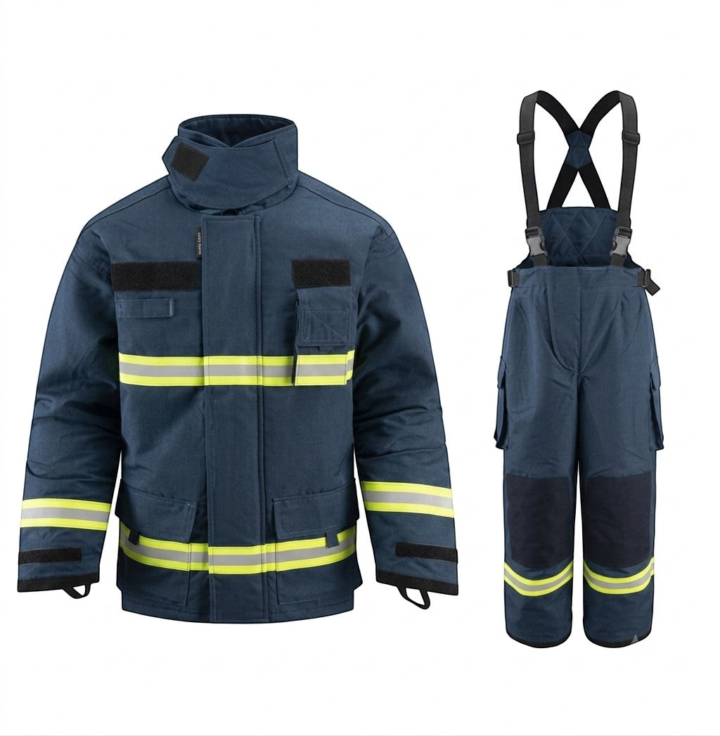 Traje de bombero azul marino GERF SAFETY con cintas reflectantes 3M, certificado EN 469:2020 y diseño ergonómico.