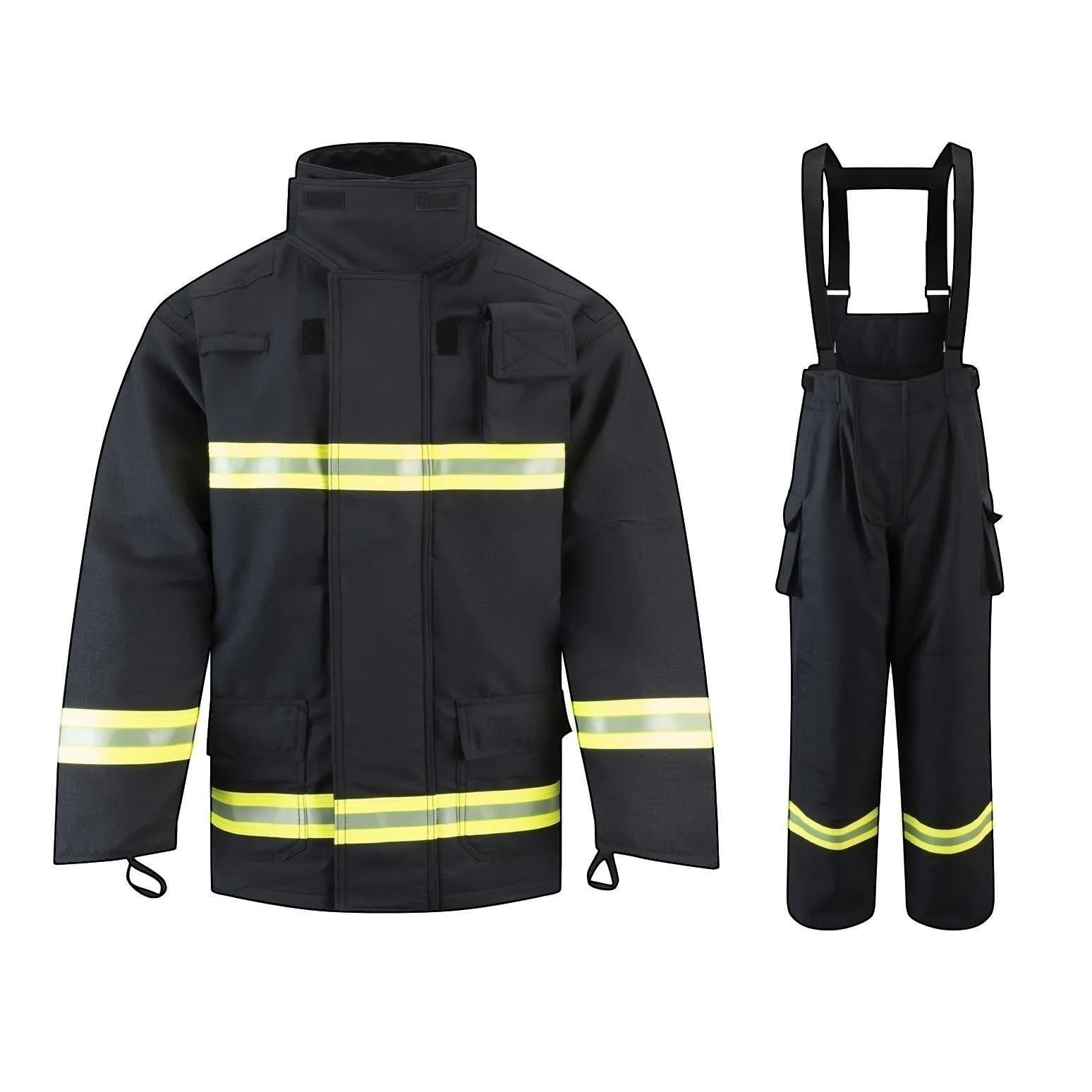 Traje de bombero GERF SAFETY azul marino con bandas reflectantes 3M, certificado EN 469:2020 para protección estructural.