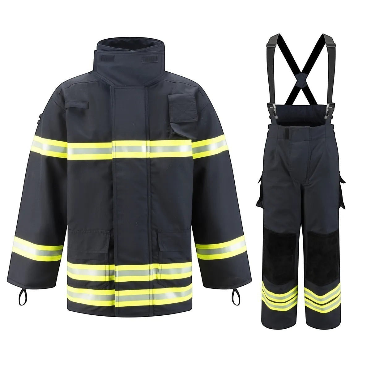 Traje de bombero GERF SAFETY azul marino con bandas reflectantes 3M, certificado EN 469:2020 para protección térmica.