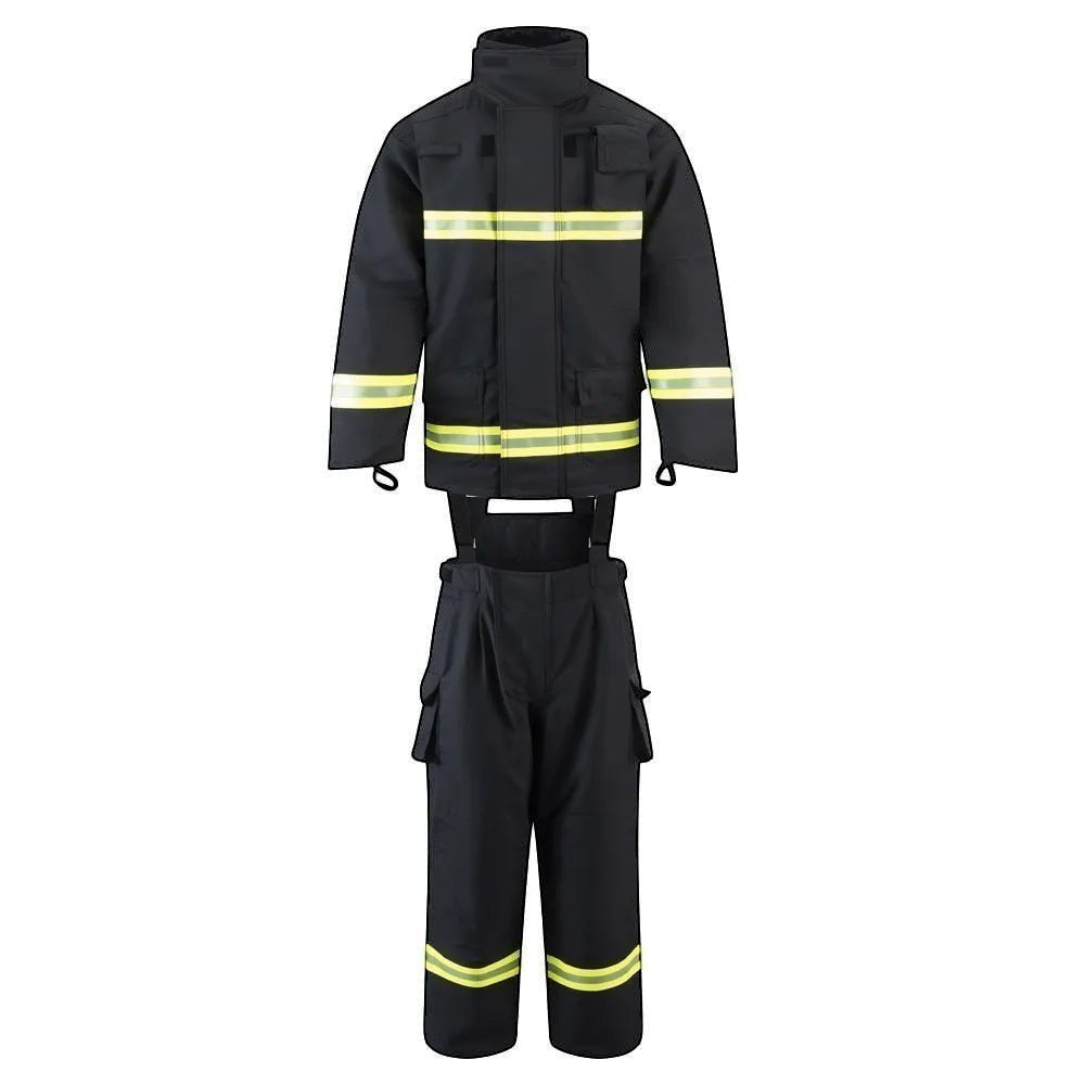 Traje de bombero GERF SAFETY azul marino con cintas reflectantes 3M, certificado EN 469:2020 para protección estructural.
