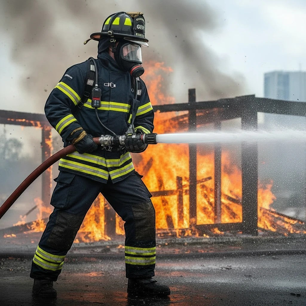 Bombero con traje GERF SAFETY azul marino certificado EN 469:2020 usando manguera frente a un incendio estructural