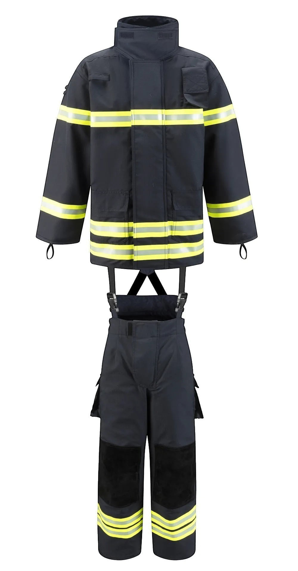 Traje de bombero GERF SAFETY azul marino con bandas reflectantes 3M, certificado EN 469:2020 y refuerzos en rodillas.