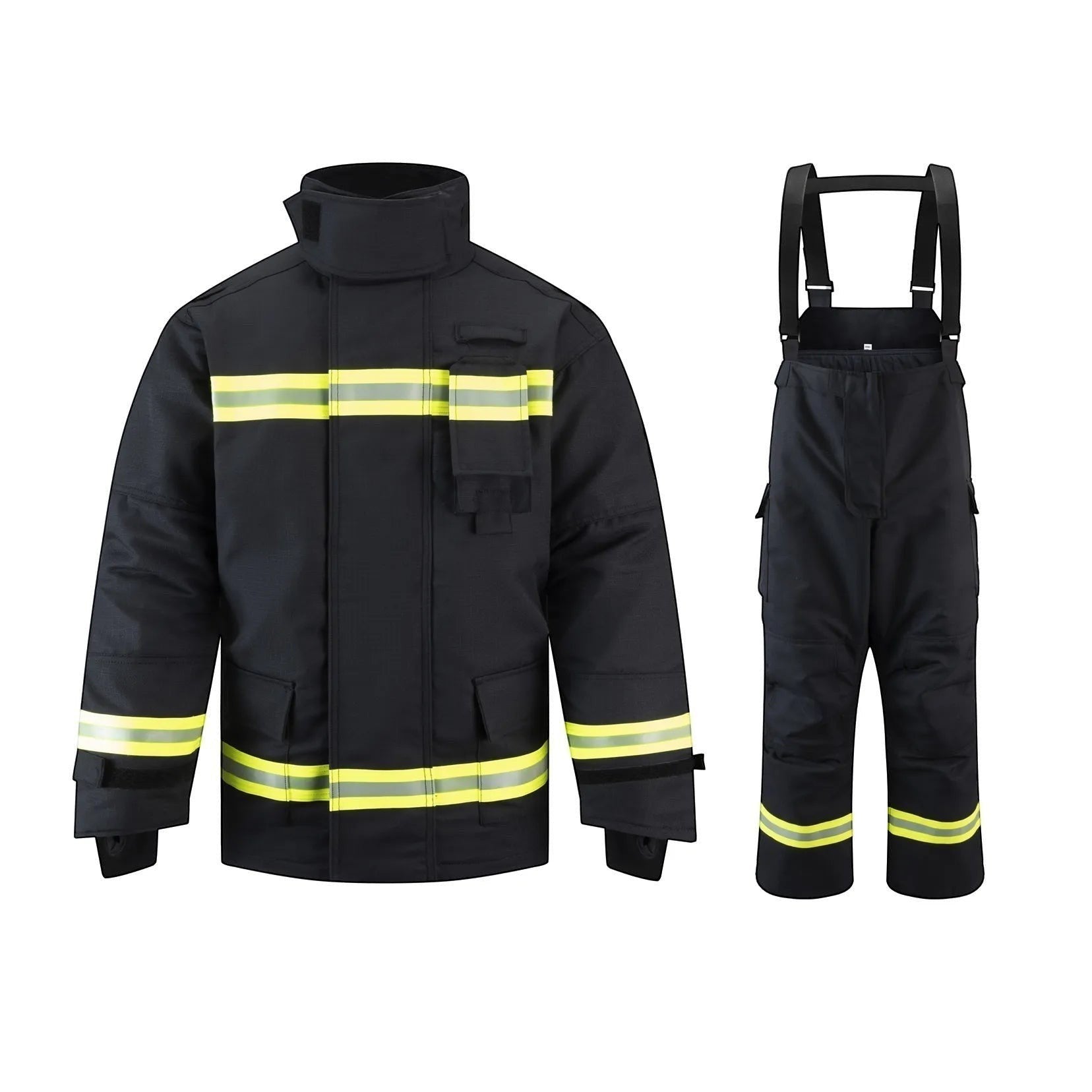 Traje de bombero GERF SAFETY azul marino con bandas reflectantes 3M, certificado EN 469:2020 para alta protección.