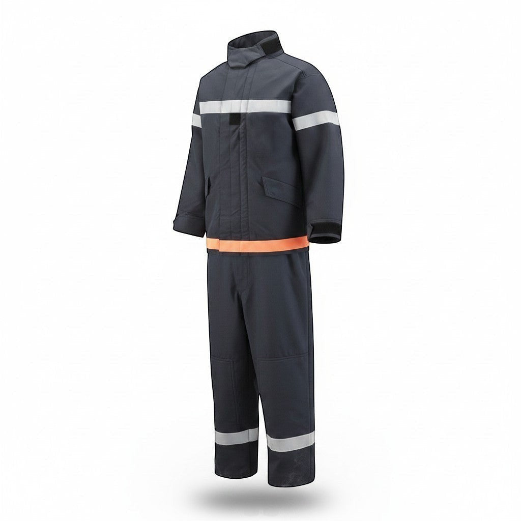 Traje de bombero GERF SAFETY de 4 capas en azul navy con cintas reflectantes 3M, certificado EN469 estilo Francia.