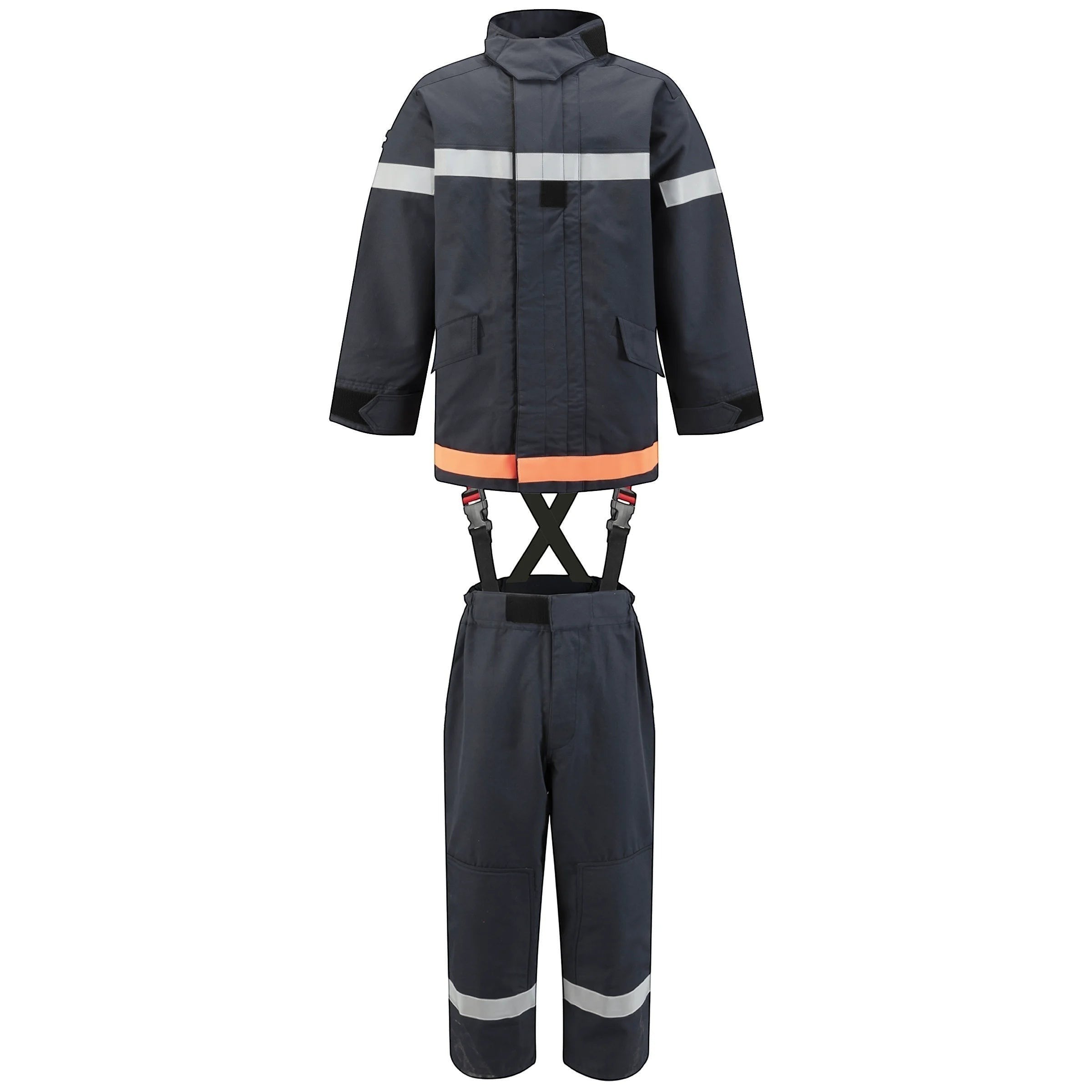 Traje de bombero GERF SAFETY azul navy de 4 capas con cintas reflectantes 3M, certificado EN469 para protección térmica.
