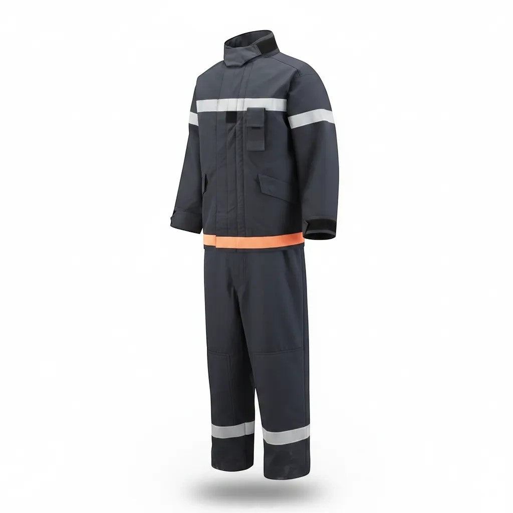 Traje de bombero GERF SAFETY azul marino de 4 capas con cintas reflectantes 3M y certificación EN469 para protección.