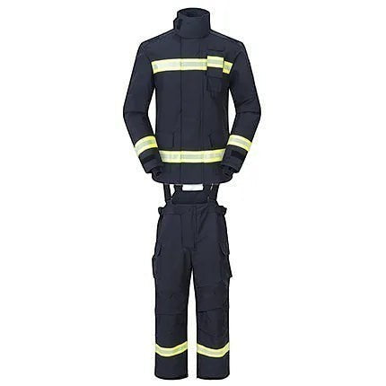 Traje de bombero GERF SAFETY azul marino con bandas reflectantes 3M, certificado EN 469:2020 para protección térmica.
