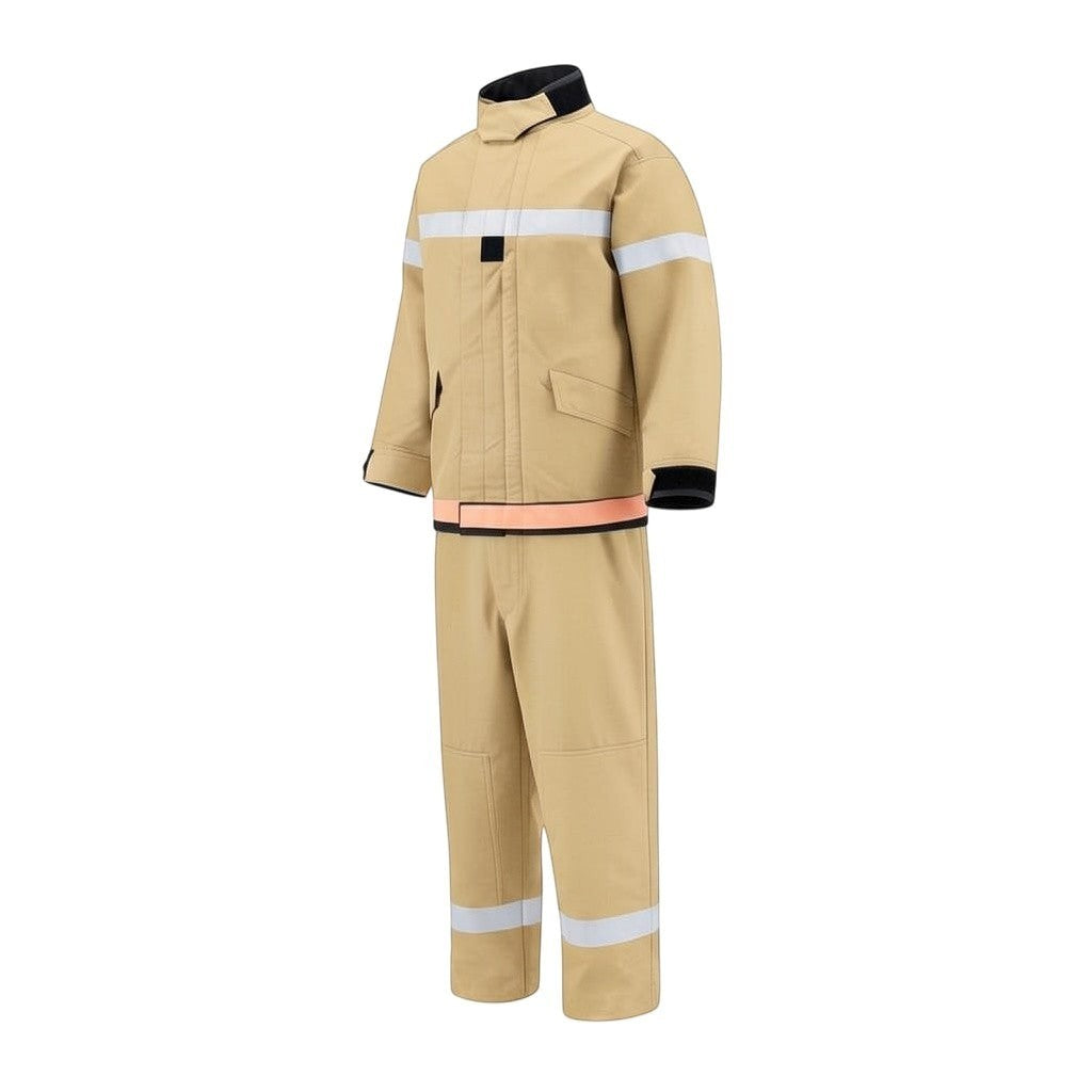 Traje de bombero GERF SAFETY beige de 4 capas con cintas reflectantes 3M, certificado EN469 para protección estructural.
