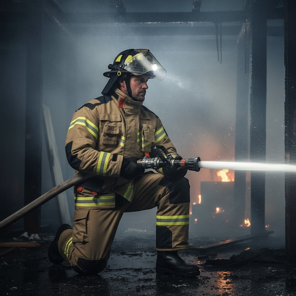 Bombero con traje GERF SAFETY Blaze Fire color caqui, certificado EN 469:2020, con cintas reflectantes 3M en entorno de fuego.