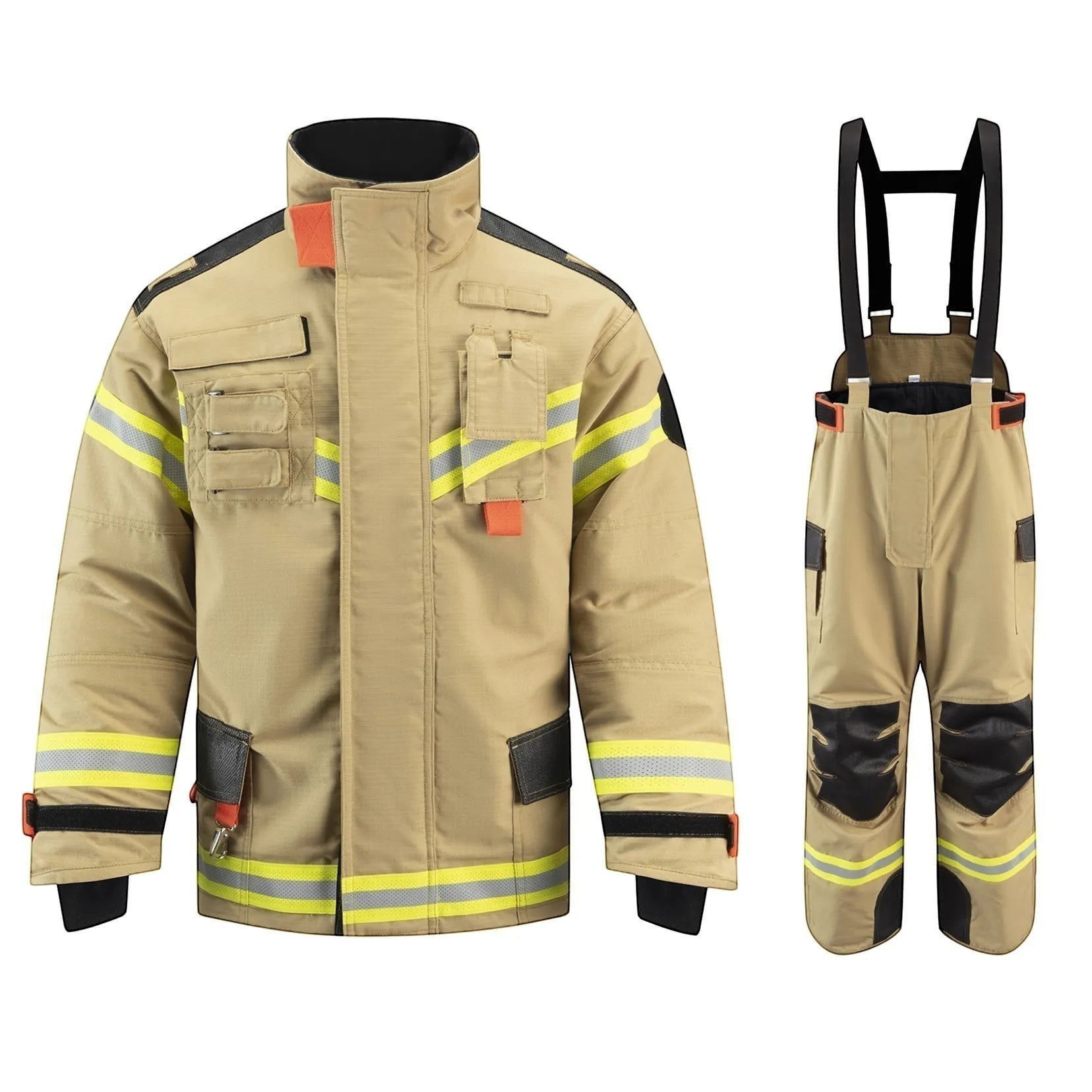 Traje de bombero GERF SAFETY Blaze Fire color caqui con cintas reflectantes 3M y refuerzos en codos y rodillas.