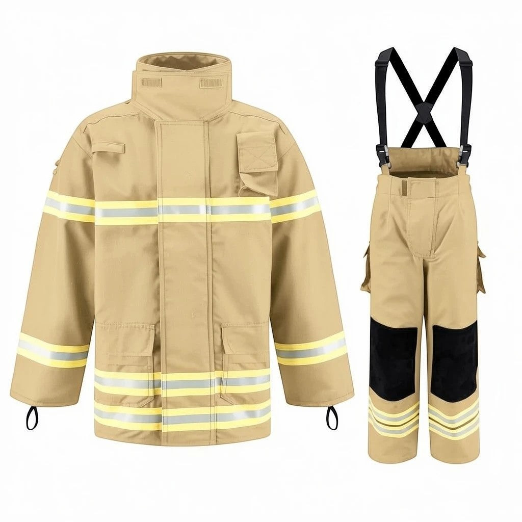 Traje de bombero GERF SAFETY Titan Fire color caqui con 4 capas de meta-aramida, cintas reflectantes 3M y certificación EN469