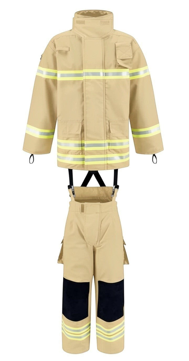Traje de bombero GERF SAFETY color caqui con bandas reflectantes 3M, rodilleras reforzadas y certificación EN 469:2020.