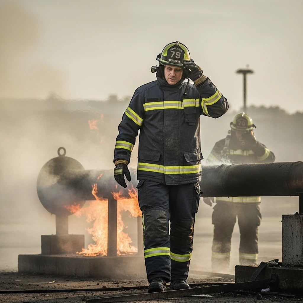 Bombero con traje GERF SAFETY Dragon Fire azul marino con cintas reflectantes 3M en un entrenamiento de incendios