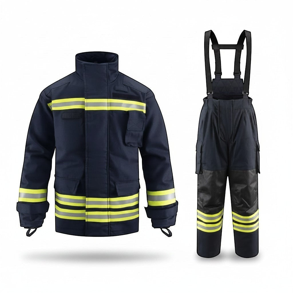 Traje de bombero GERF SAFETY Falcon Fire azul marino con cintas reflectantes 3M y refuerzos en rodillas