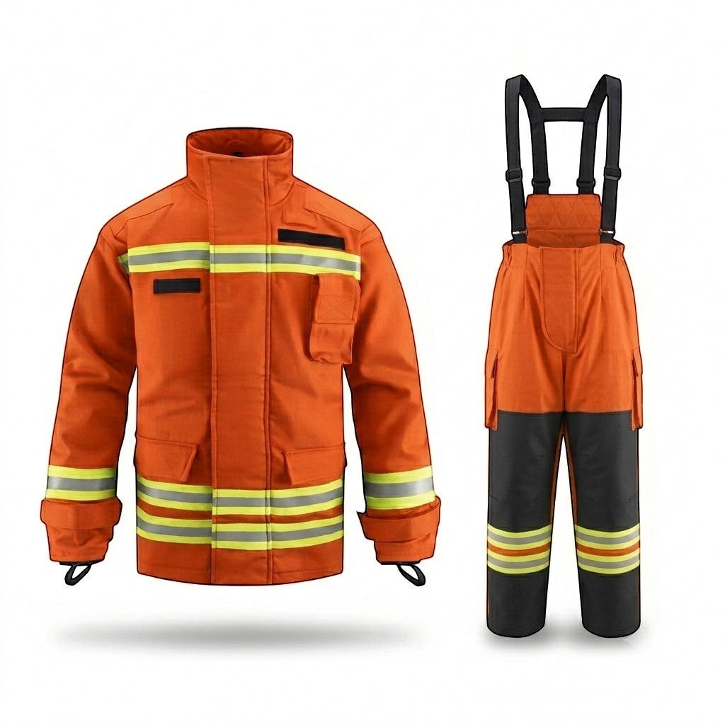 Traje de bombero GERF SAFETY Falcon Fire naranja con bandas reflectantes 3M, fabricado en Nomex y Kevlar certificado.