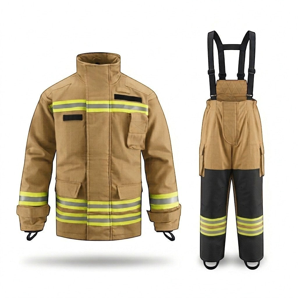 Traje de bombero estructural GERF SAFETY Falcon Fire color acacia con cintas reflectantes 3M y refuerzos resistentes