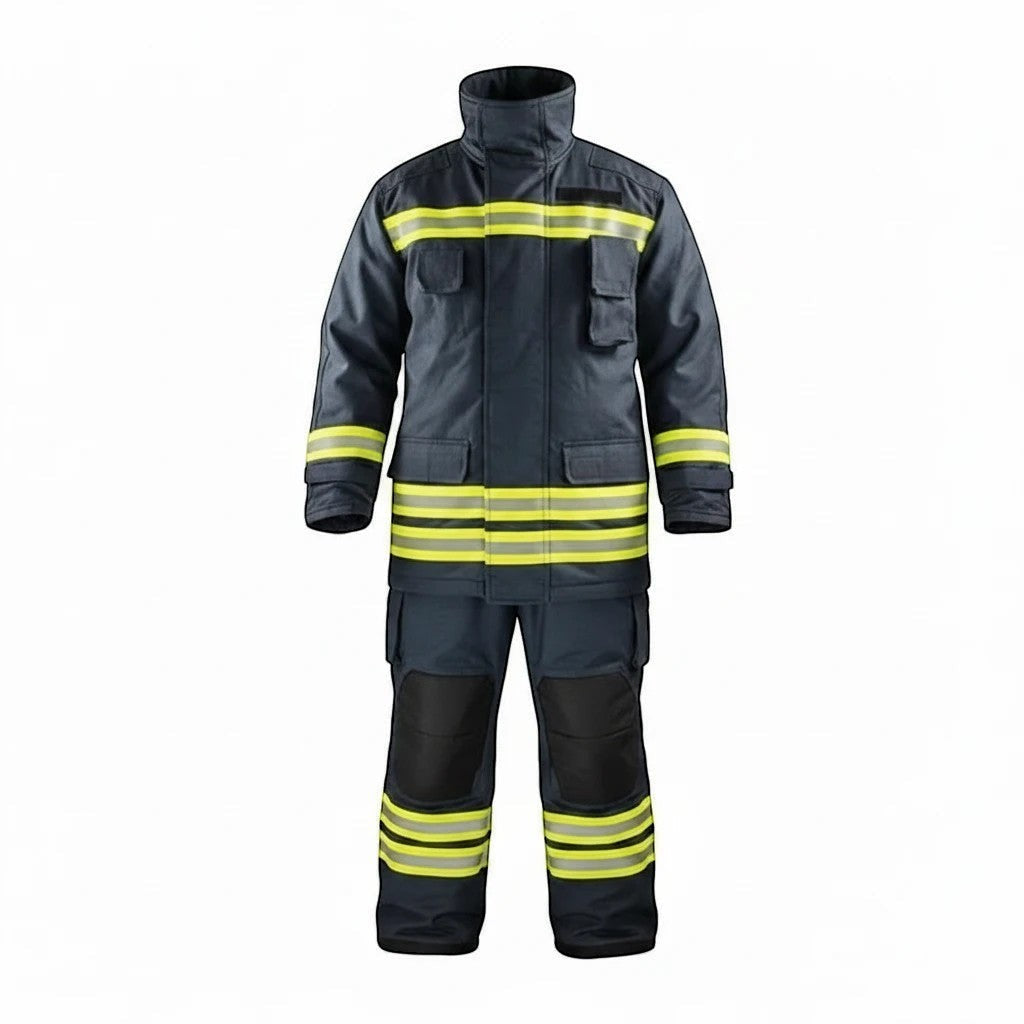 Traje de bombero estructural GERF SAFETY Falcon Fire azul marino con cintas reflectantes 3M y refuerzos en rodillas