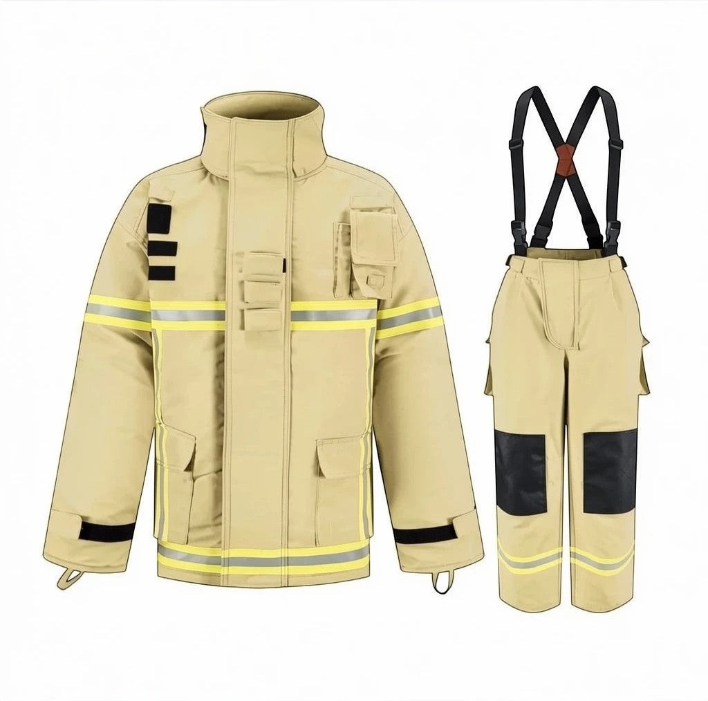 Traje de bombero GERF SAFETY color khaki con bandas reflectantes 3M, certificado EN 469:2020 para protección térmica.