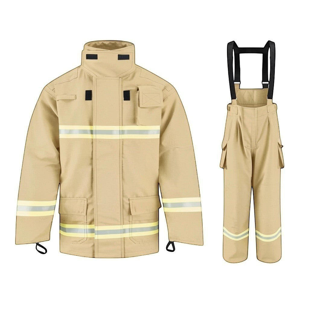 Traje de bombero GERF SAFETY color khaki certificado EN 469:2020 con bandas reflectantes y diseño de alta protección.