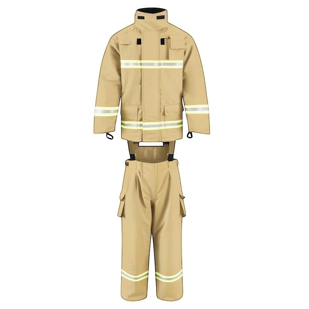 Traje de bombero GERF SAFETY color khaki con bandas reflectantes 3M, certificado EN 469:2020 para protección estructural