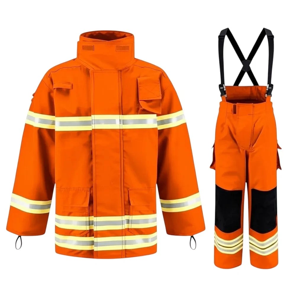 Traje de bombero naranja GERF SAFETY Titan Fire Pro con 4 capas, bandas reflectantes 3M y refuerzos en rodillas.