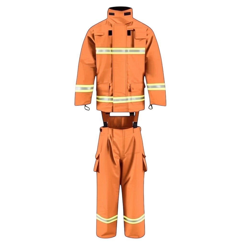 Traje de bombero naranja GERF SAFETY Titan Fire con 4 capas, cintas reflectantes 3M y certificación EN469:2020.