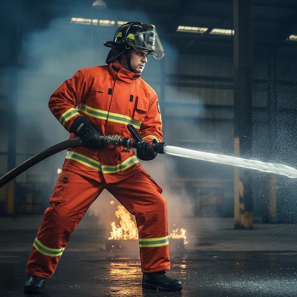 Bombero con traje de protección naranja GERF SAFETY certificado EN 469:2020 usando manguera en entrenamiento de fuego