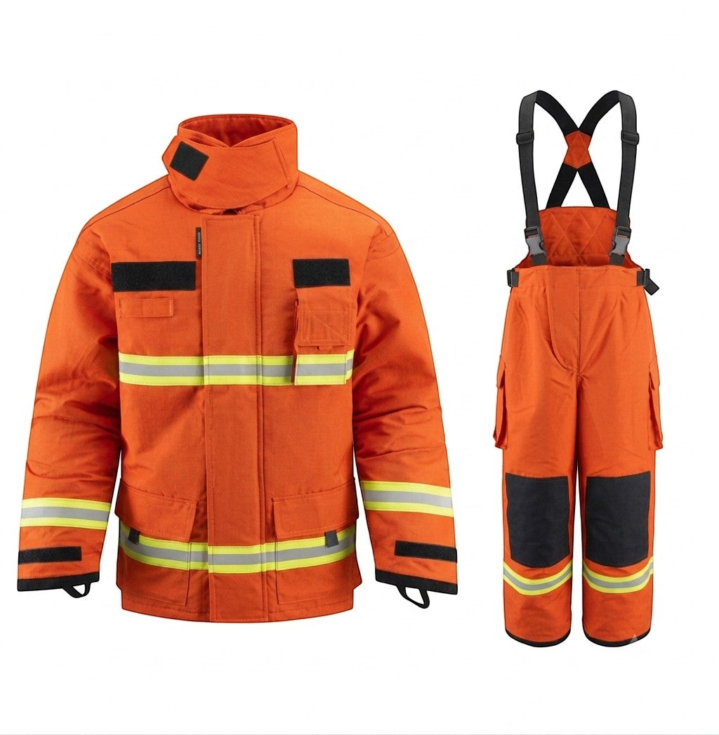 Traje de bombero GERF SAFETY Shield Fire naranja con cintas reflectantes 3M, certificado EN 469:2020 y tirantes tipo H.