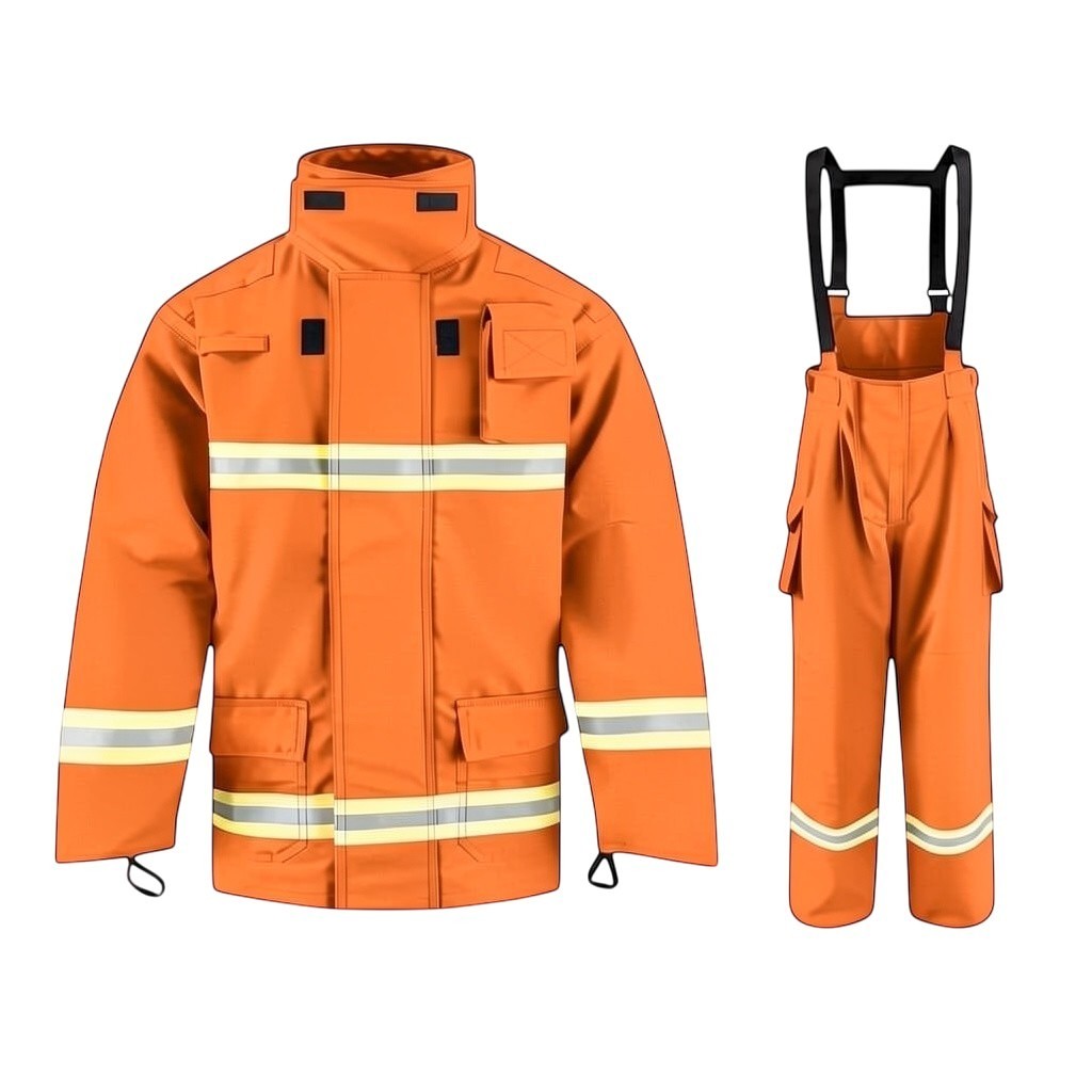 Traje de bombero naranja GERF SAFETY con 4 capas de meta-aramida, cintas reflectantes 3M y certificación EN469:2020.