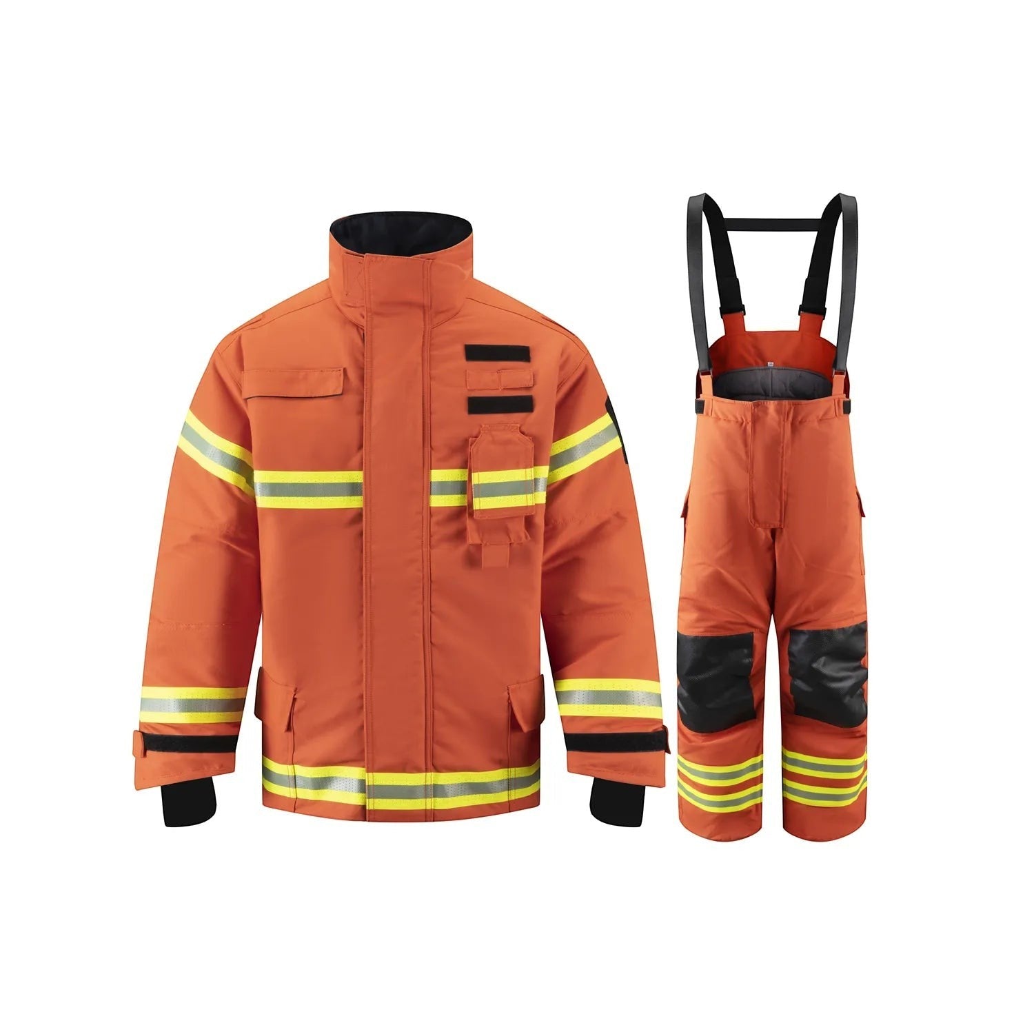 Traje de bombero naranja GERF SAFETY modelo Commander con cintas reflectantes 3M y refuerzos en rodillas y codos
