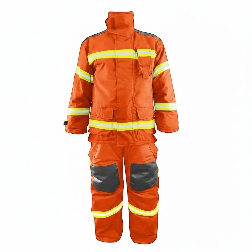 Traje de bombero GERF SAFETY Dragon Fire naranja con cintas reflectantes 3M, certificado EN 469:2020 y refuerzos.