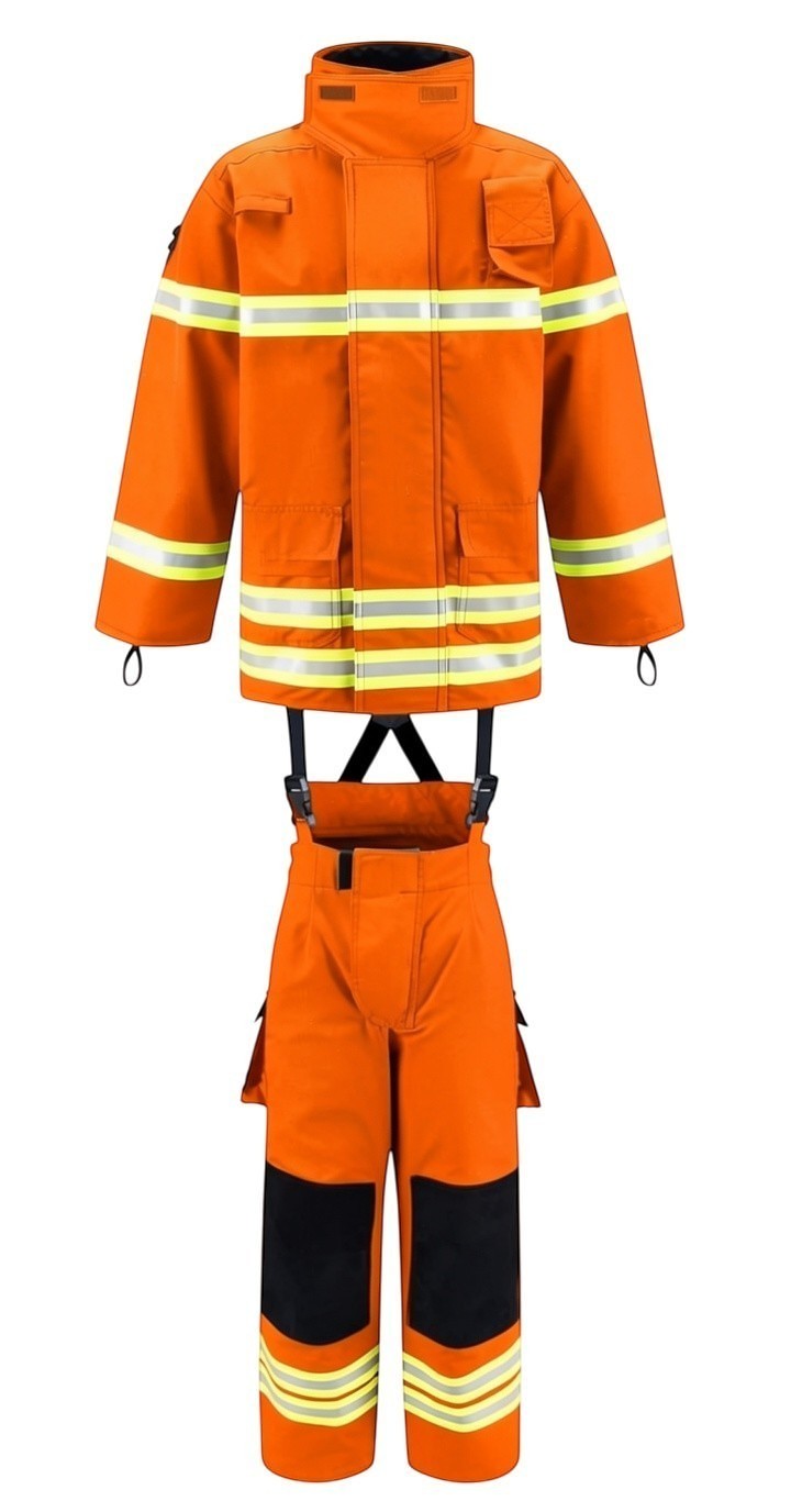 Traje de bombero naranja GERF SAFETY con bandas reflectantes 3M, certificado EN 469:2020 y refuerzos en rodillas.