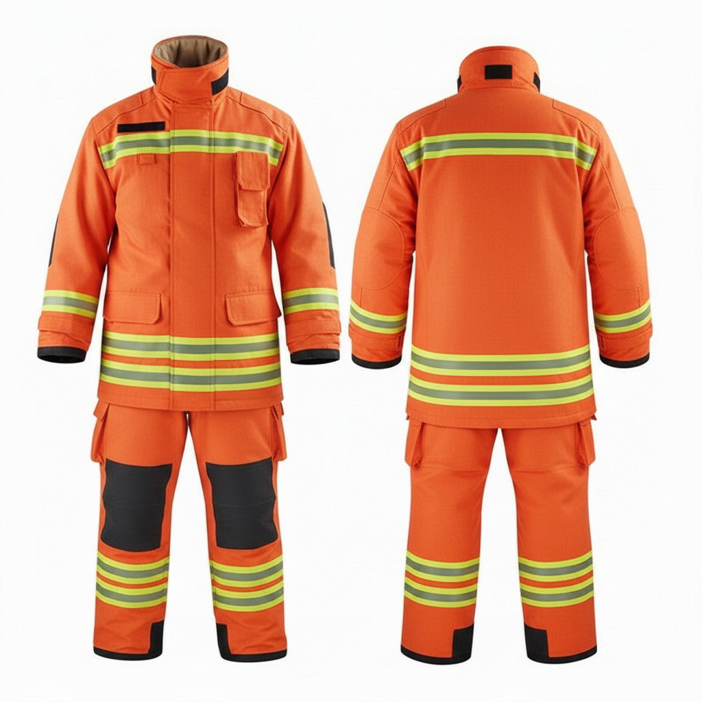 Traje de bombero GERF SAFETY Falcon Fire naranja con cintas reflectantes 3M, refuerzos en rodillas y codos, norma EN 469