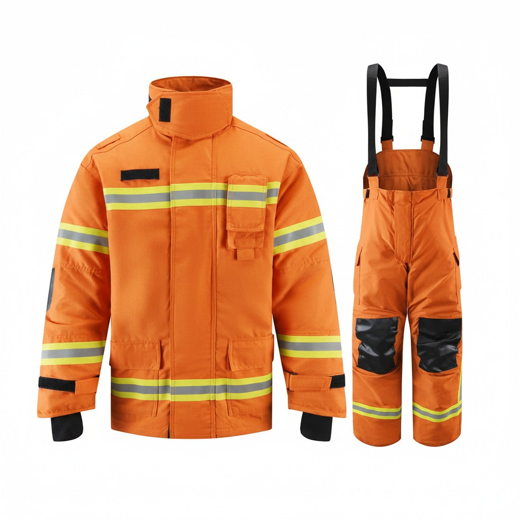 Traje de bombero naranja GERF SAFETY Commander Fire DRD de 4 capas Nomex IIIA con cintas reflectantes 3M y refuerzos.