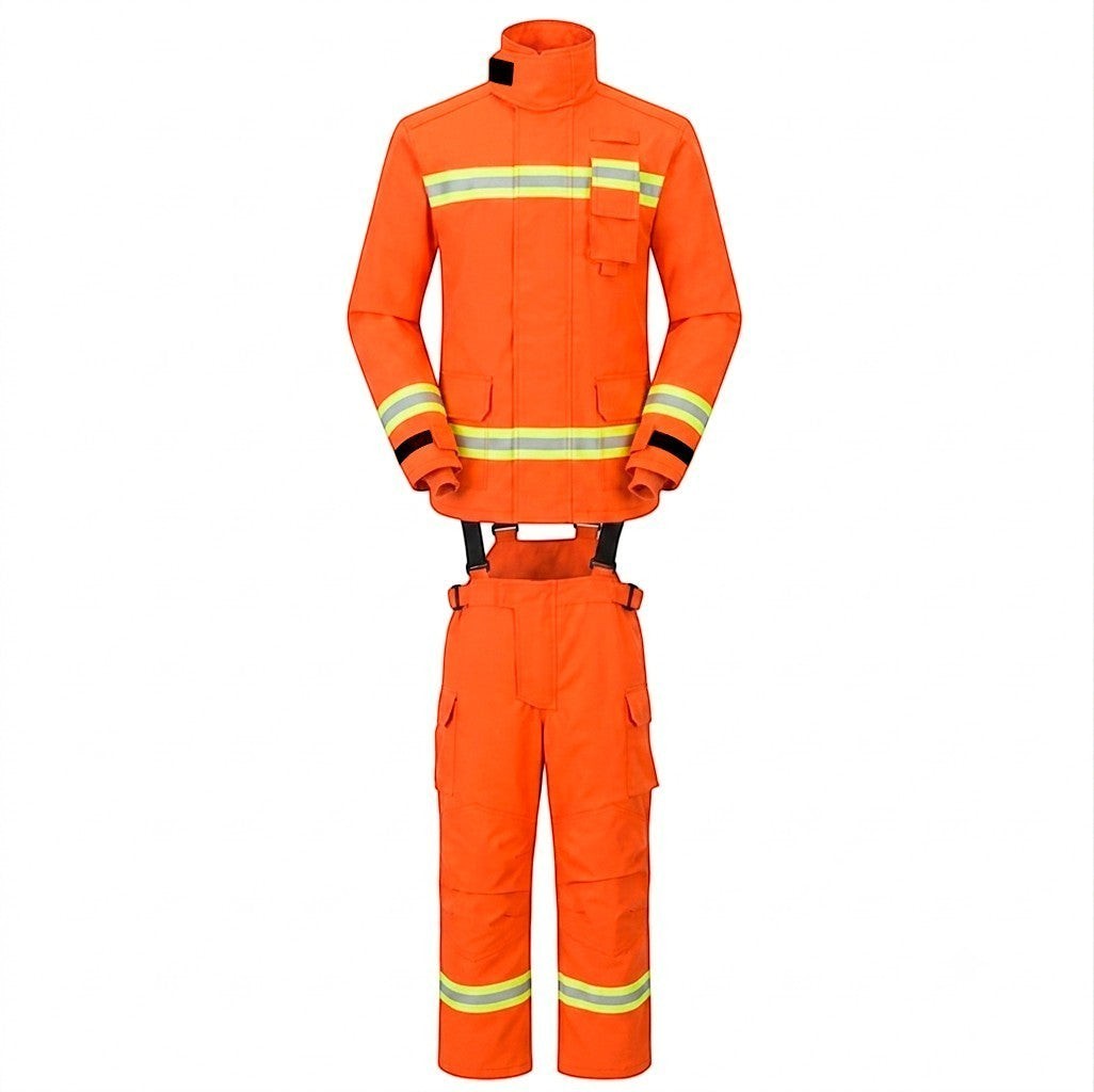 Traje de bombero naranja GERF SAFETY certificado EN 469:2020 con cintas reflectantes 3M y diseño ergonómico de 4 capas