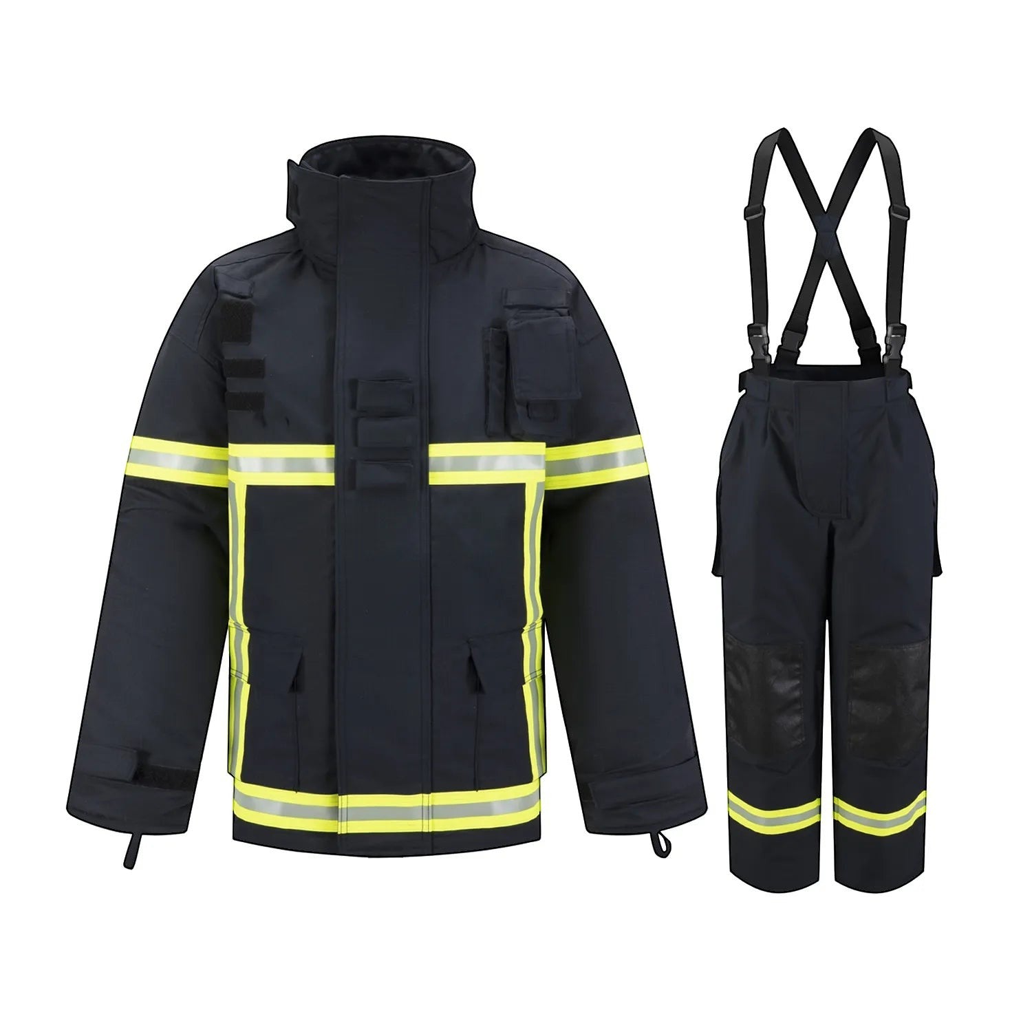 Traje de bombero GERF SAFETY azul marino con bandas reflectantes 3M, certificado EN 469:2020 y diseño de alta protección.