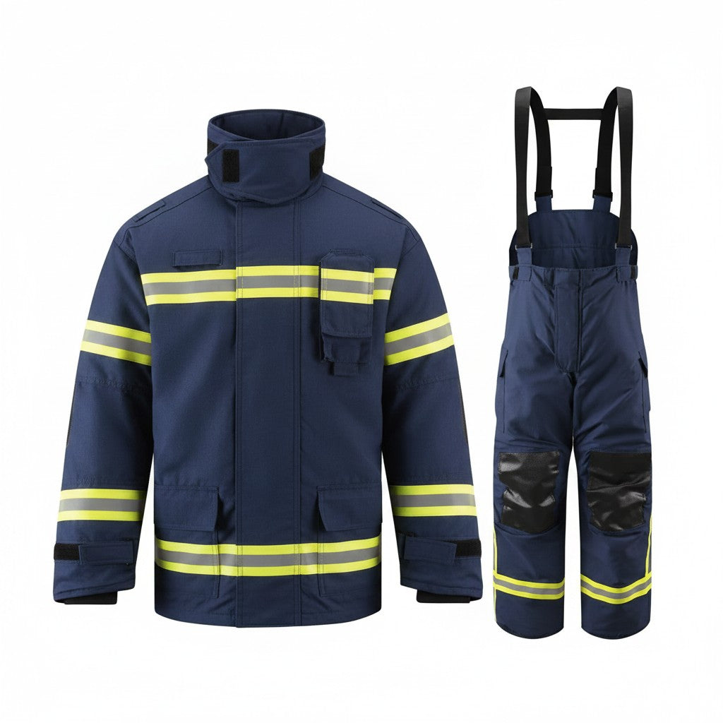 Traje de bombero GERF SAFETY azul navy de Nomex IIIA con bandas reflectantes 3M y sistema de rescate DRD integrado.