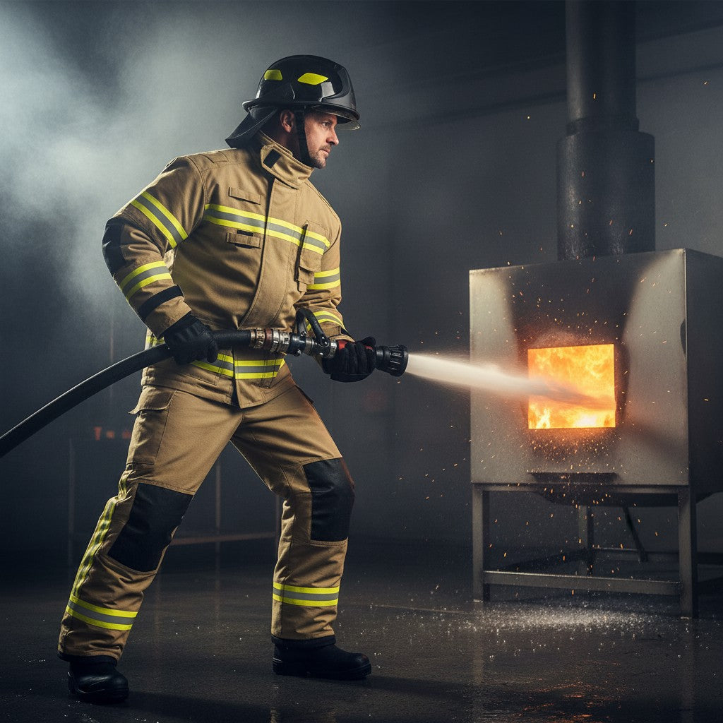 Bombero con traje GERF SAFETY color caqui de Nomex IIIA, con cintas reflectantes 3M y sistema DRD en entrenamiento.