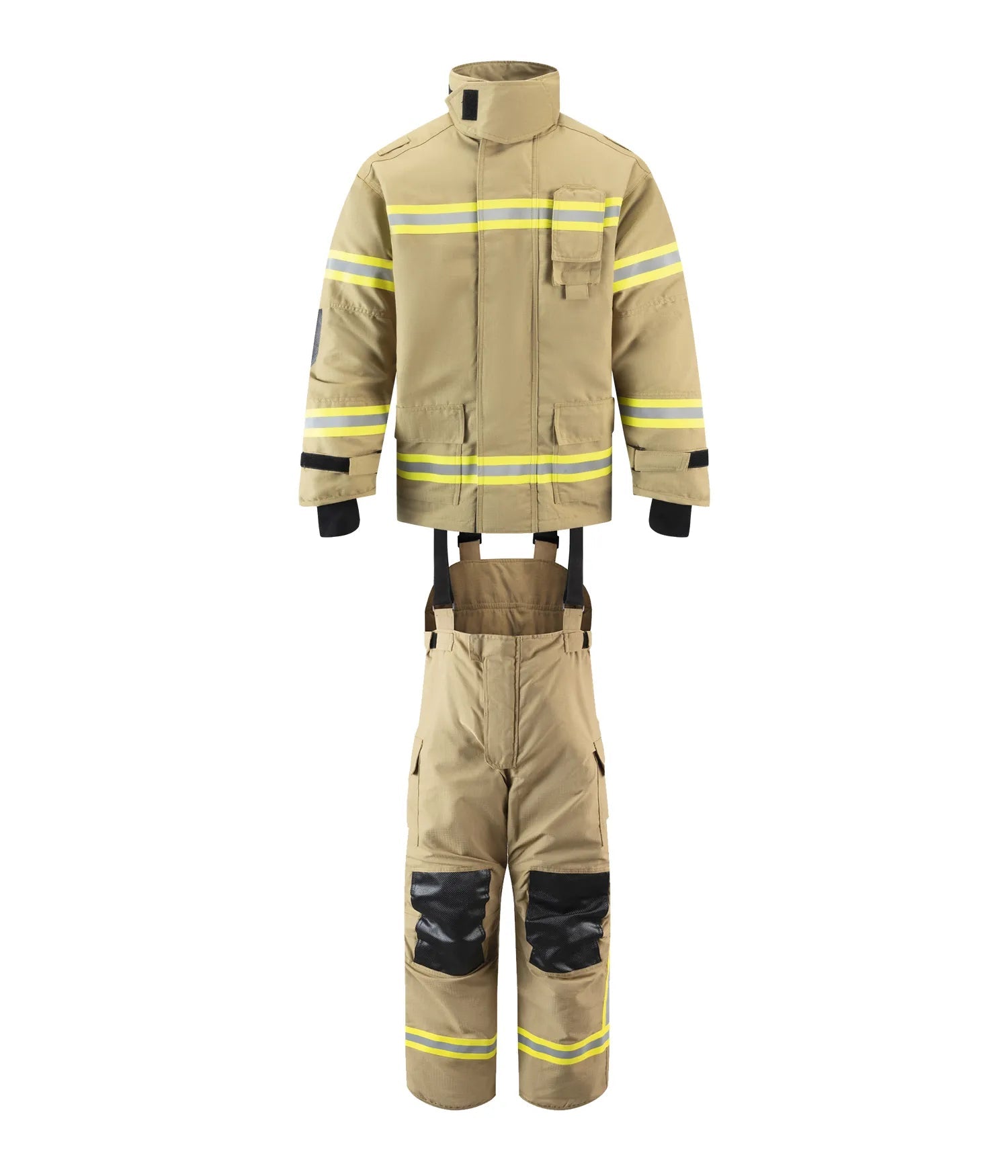 Traje de bombero GERF SAFETY color caqui de 4 capas Nomex IIIA con cintas reflectantes y refuerzos en rodillas