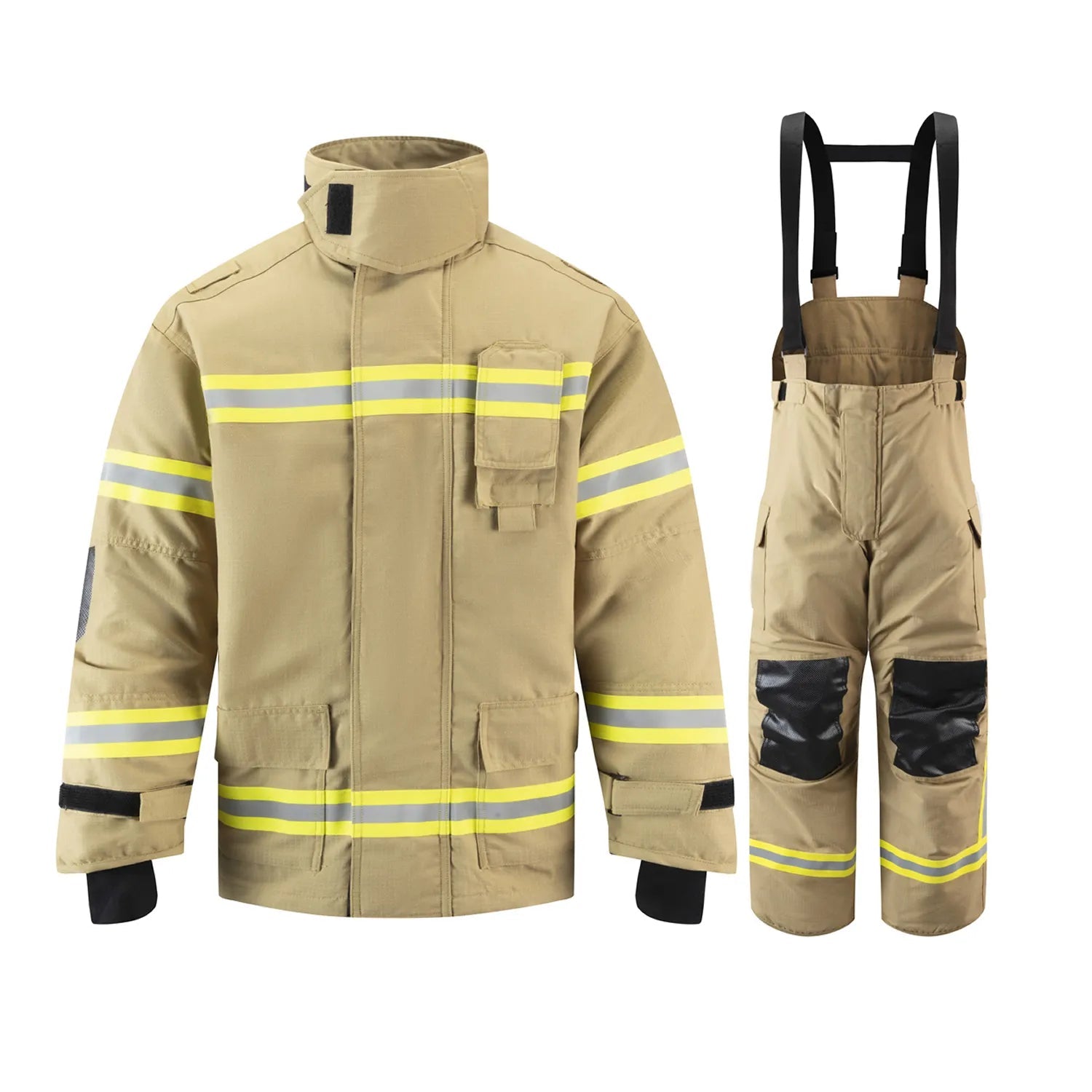 Traje de bombero GERF SAFETY Commander Fire en color caqui, fabricado en Nomex IIIA con cintas reflectantes 3M.