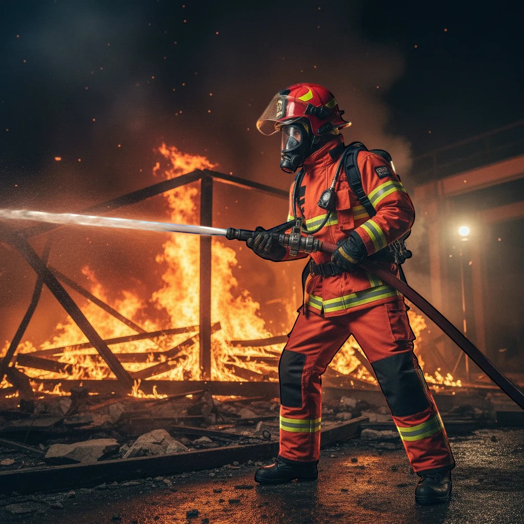 Bombero con traje GERF SAFETY Nomex 80 naranja, casco y máscara, extinguiendo un incendio estructural con manguera.