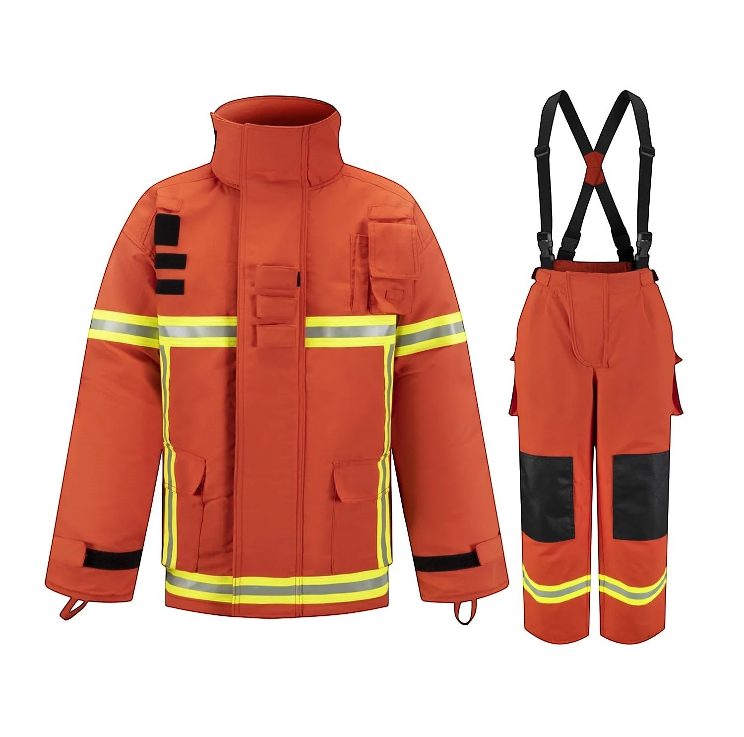 Traje de bombero GERF SAFETY naranja con bandas reflectantes 3M, certificado EN 469:2020, incluye chaqueta y peto.
